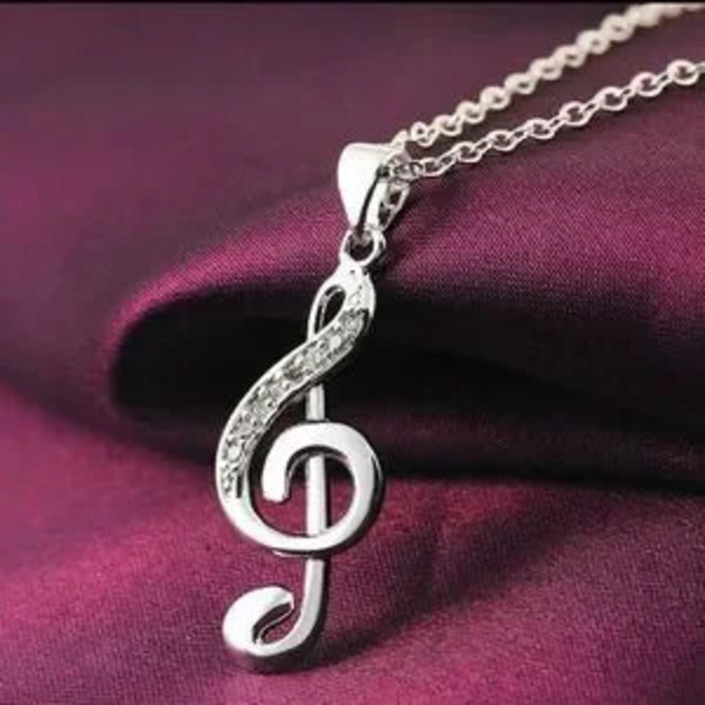 925 sterling Silver?plated crystal Elegant musical note Pendant Necklace